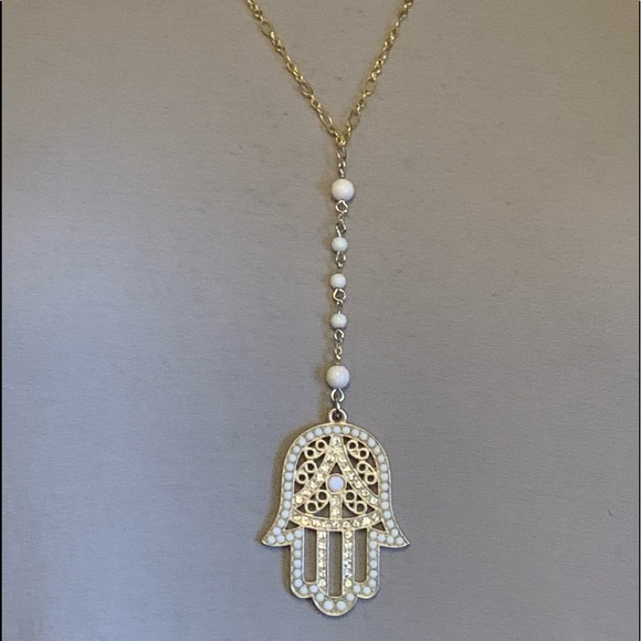 White Bead Crystal Hamsa Pendant & Gold Necklace - Picture 1 of 8